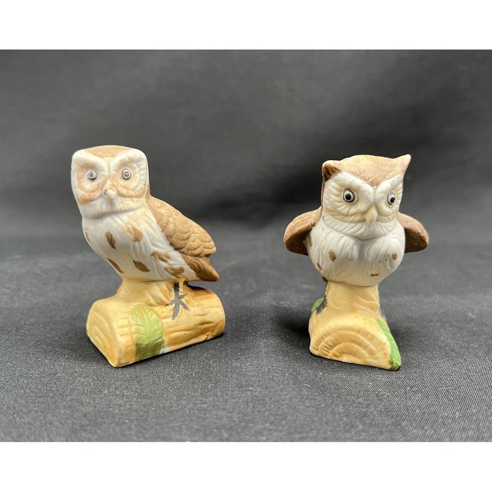 Vintage OGC Ceramic Owl‎ Figurines Pair Hand Painted Miniature Bird Decor Taiwan